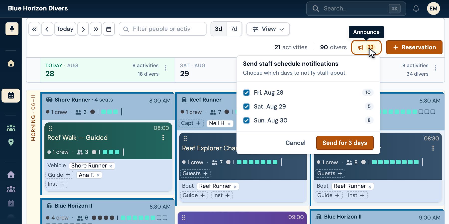 An announce popover over the calendar, offering to notify the crew about three days of schedule at once, with the number of shifts waiting on each day.