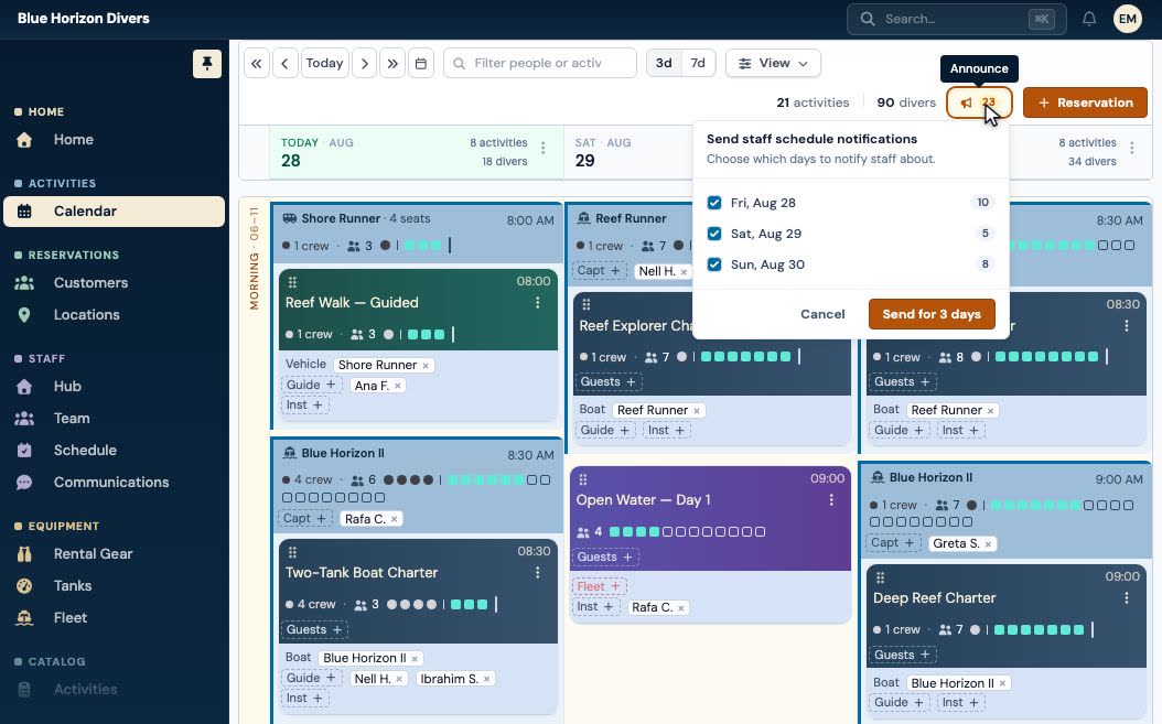 An announce popover over the calendar, offering to notify the crew about three days of schedule at once, with the number of shifts waiting on each day.