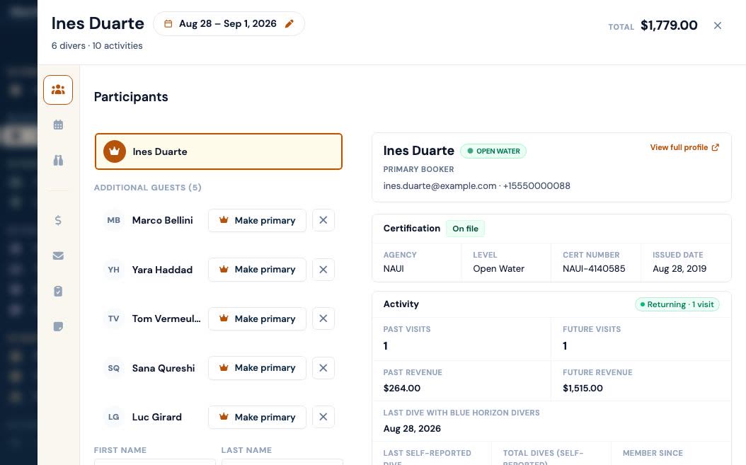 The same booking's participants pane, listing the primary booker and five additional guests beside the selected diver's contact details, certification status and past and future visits.