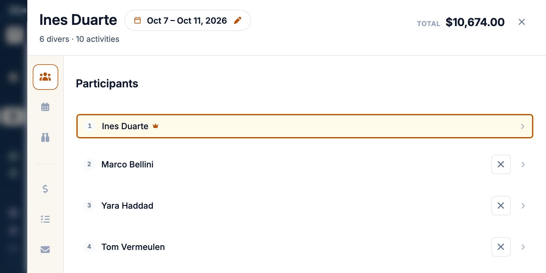 The same booking's participants pane, listing the primary booker and five additional guests beside the selected diver's contact details, certification status and past and future visits.