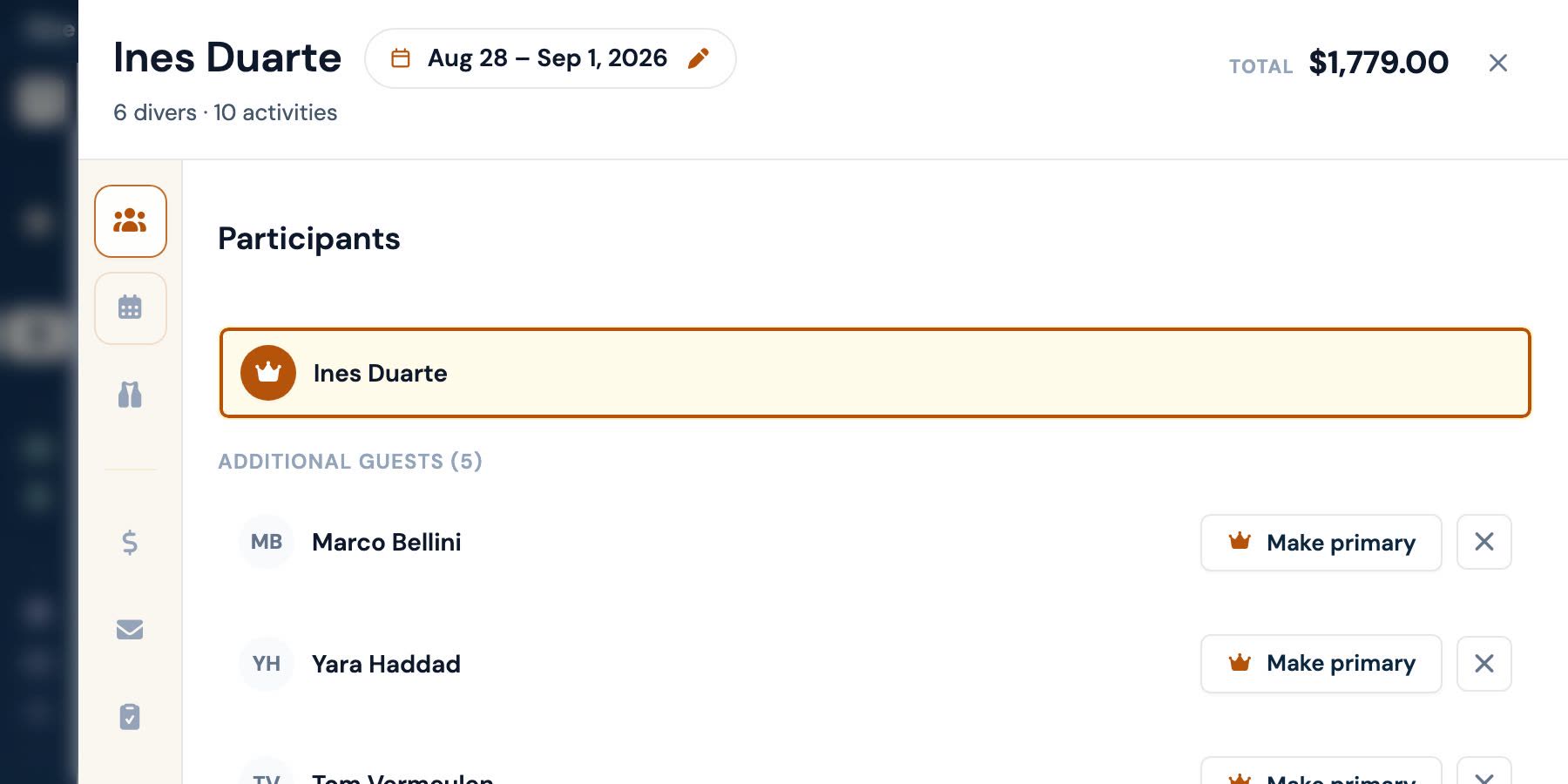 The same booking's participants pane, listing the primary booker and five additional guests beside the selected diver's contact details, certification status and past and future visits.