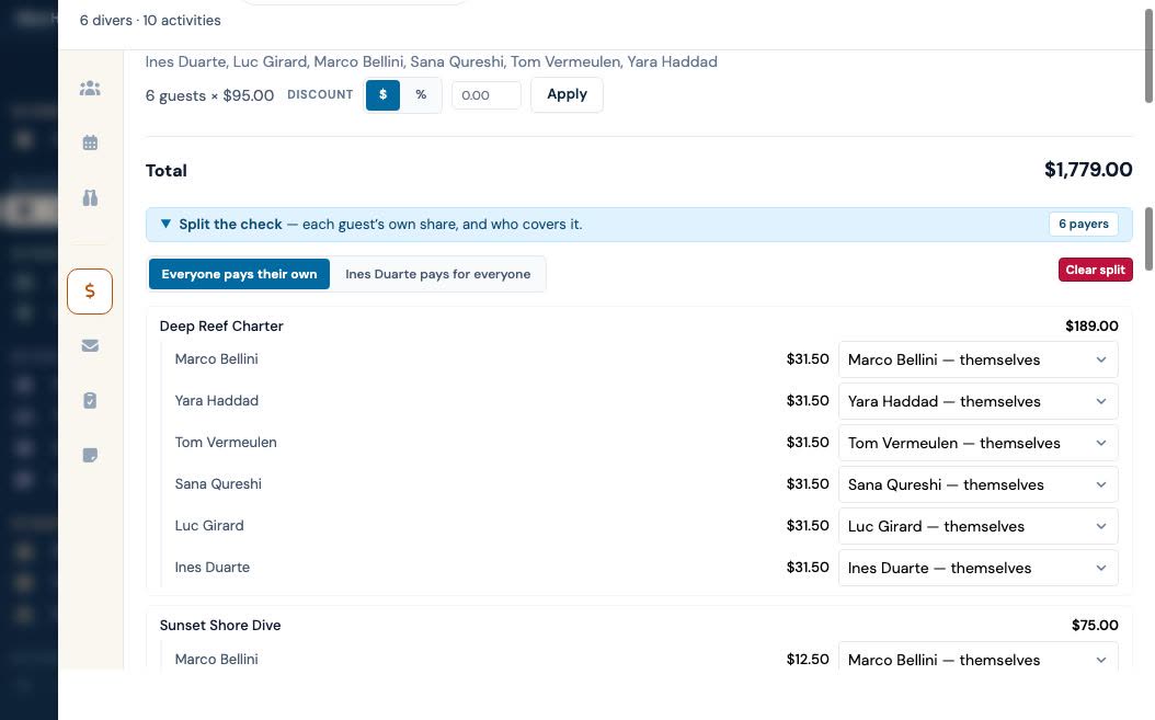 A booking's check divided line by line across six payers, each guest's share of every activity shown against the person covering it.