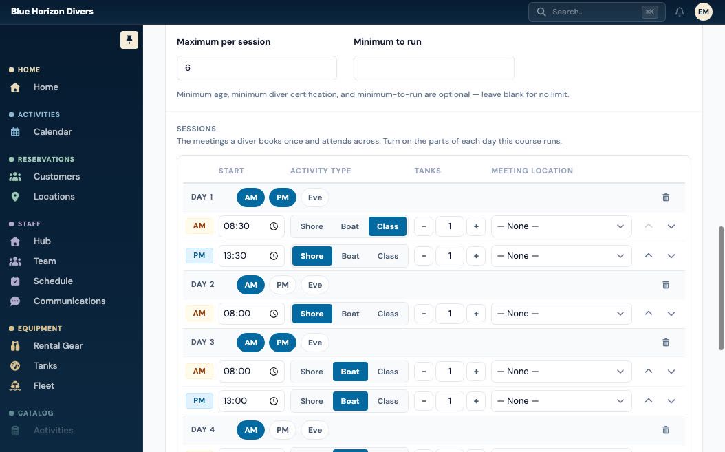 A course template editor laid out day by day: four day blocks, each with morning, afternoon and evening slot chips, and a configured session row beneath every slot that is switched on.