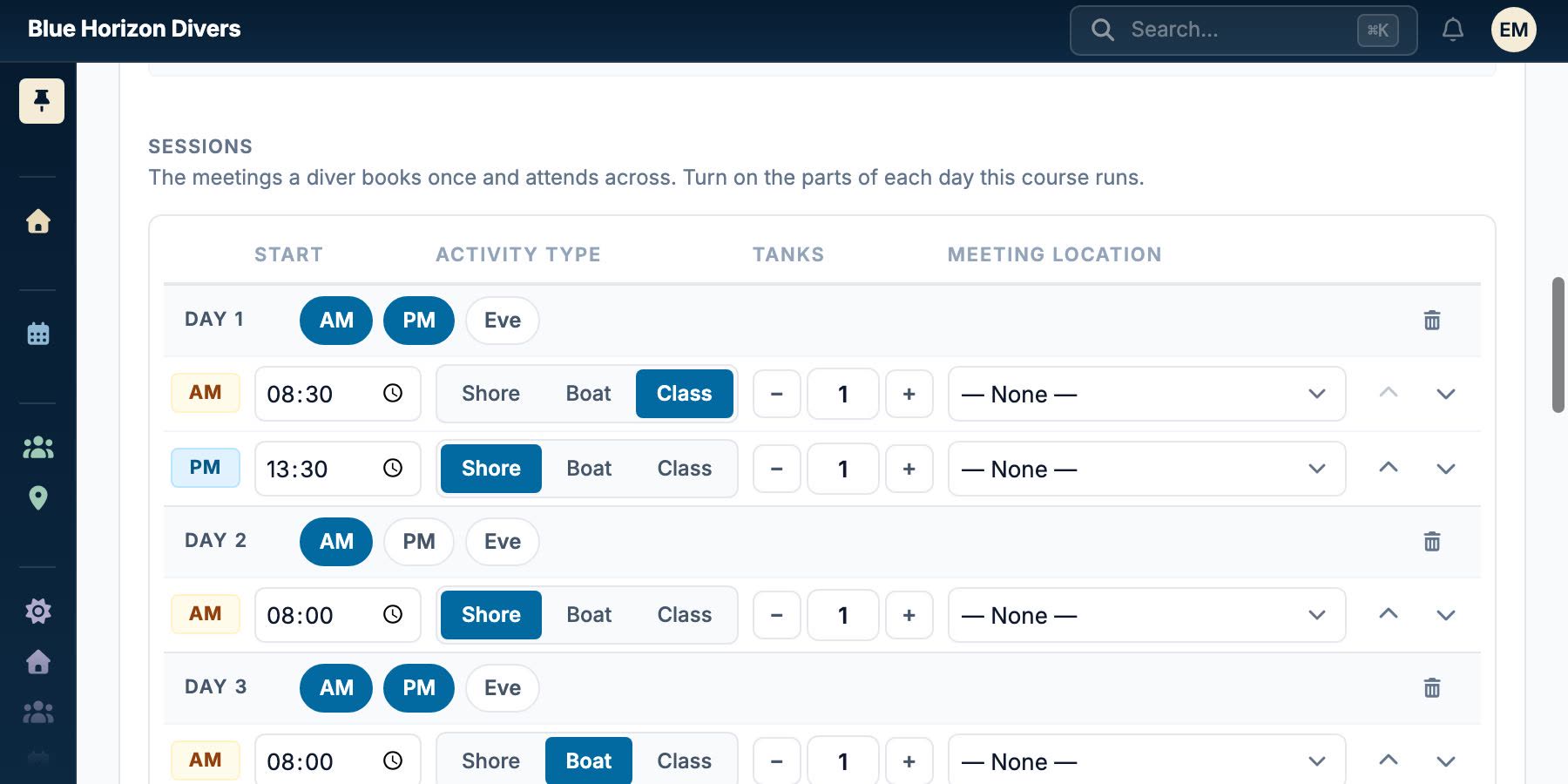 A course template editor laid out day by day: four day blocks, each with morning, afternoon and evening slot chips, and a configured session row beneath every slot that is switched on.