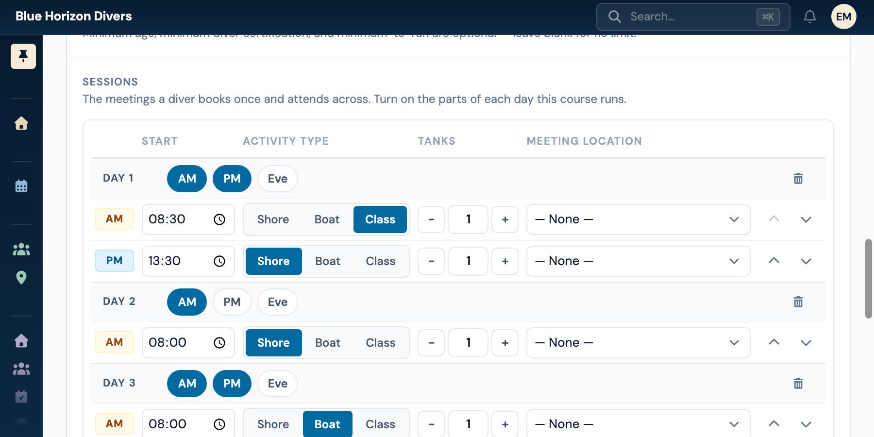 A course template editor laid out day by day: four day blocks, each with morning, afternoon and evening slot chips, and a configured session row beneath every slot that is switched on.