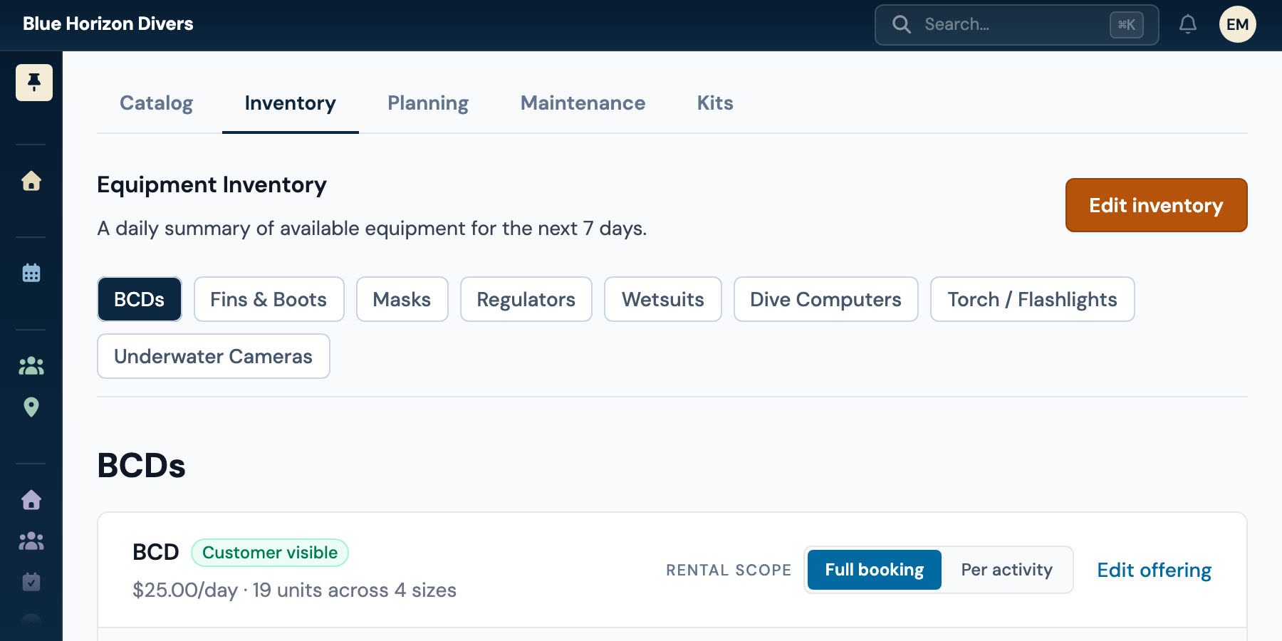 An equipment inventory screen: a BCD offering's twenty-two units broken down by size, with how many of each are free on every one of the next seven days.