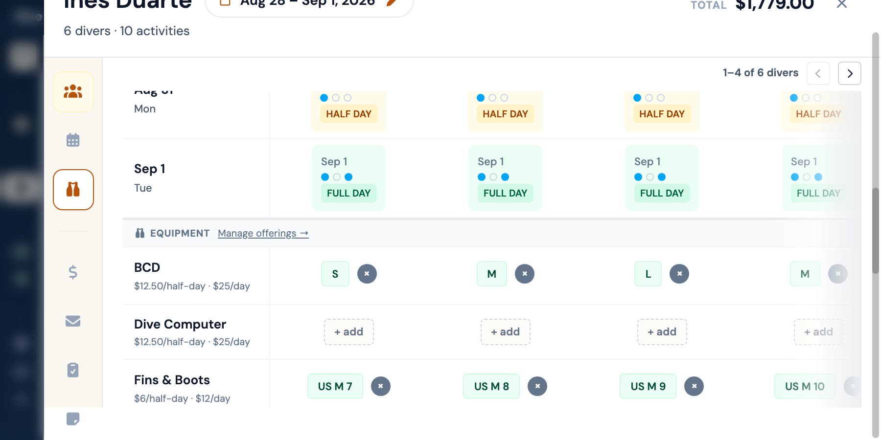 A booking's gear list: a row per item the shop rents — BCD, dive computer, fins, mask, regulator — each with its half-day and full-day rate, and a size against every diver in the party.