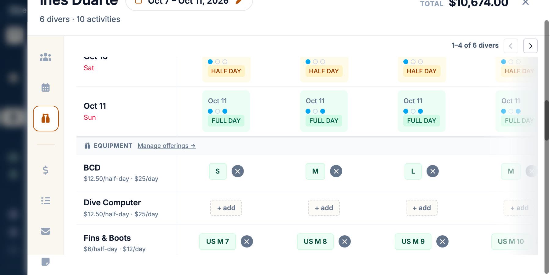 A booking's gear list: a row per item the shop rents — BCD, dive computer, fins, mask, regulator — each with its half-day and full-day rate, and a size against every diver in the party.
