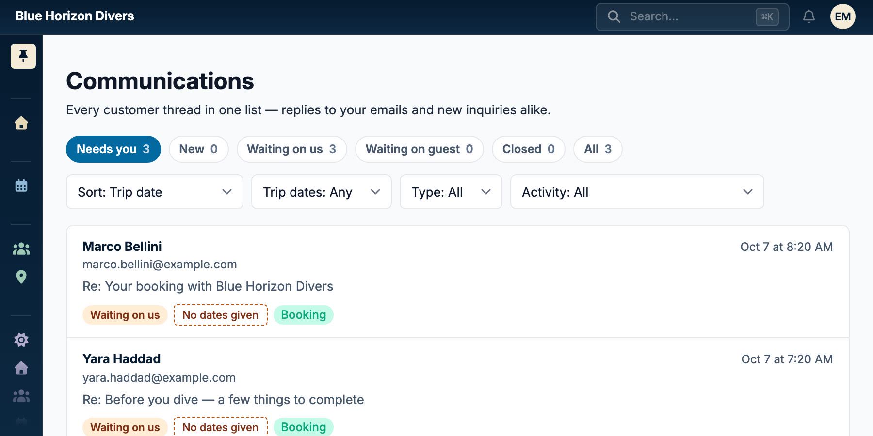 A shared inbox listing guest replies with who wrote, what about, and whether each still needs an answer — every thread tagged to the booking it belongs to.