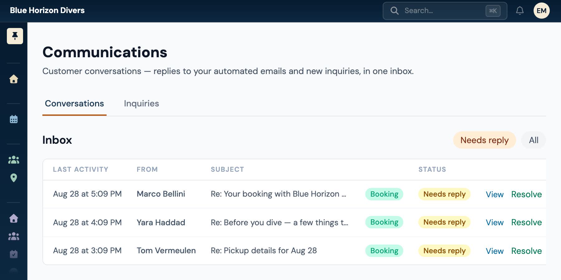 A shared inbox listing guest replies with who wrote, what about, and whether each still needs an answer — every thread tagged to the booking it belongs to.