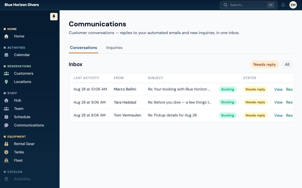 A shared inbox listing guest replies with who wrote, what about, and whether each still needs an answer — every thread tagged to the booking it belongs to.