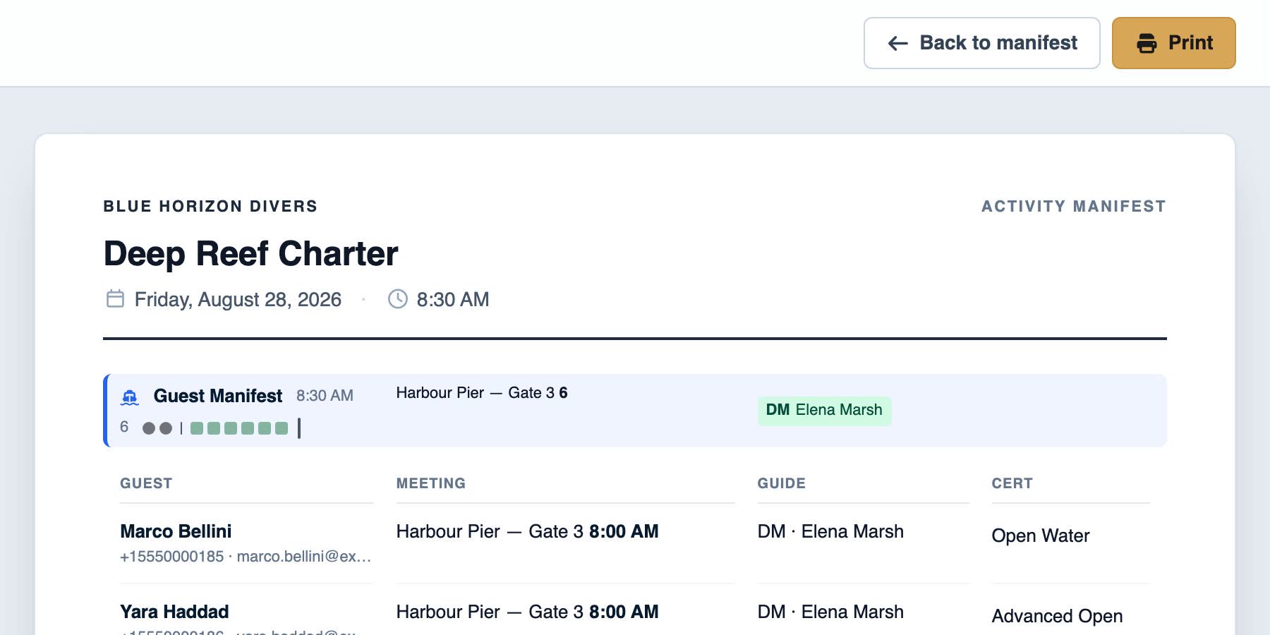 An activity manifest listing every diver aboard with their contact details, meeting point, pickup time and the guide responsible for them.