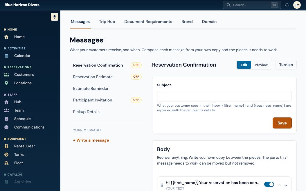 A message editor: the shop's customer messages listed down one side, and the selected confirmation's subject and body on the other, composed of the shop's own copy between the blocks the message needs.