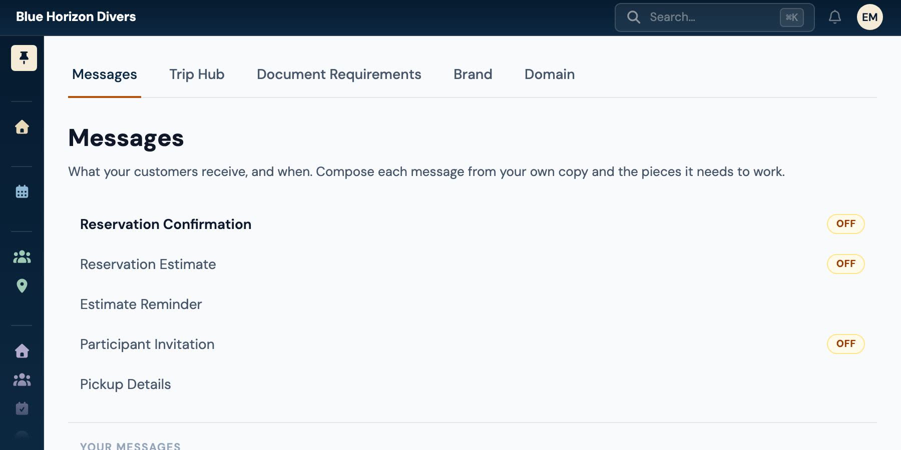 A message editor: the shop's customer messages listed down one side, and the selected confirmation's subject and body on the other, composed of the shop's own copy between the blocks the message needs.