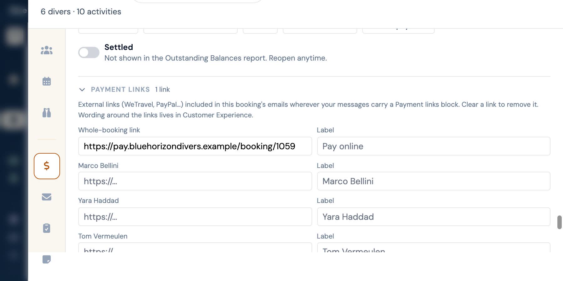 A booking's payment links pane: the shop's own payment URL attached to the whole booking, with a separate slot for each guest, ready for the automated emails to carry.