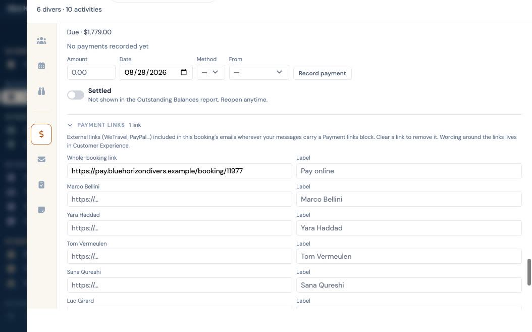 A booking's payment links pane: the shop's own payment URL attached to the whole booking, with a separate slot for each guest, ready for the automated emails to carry.