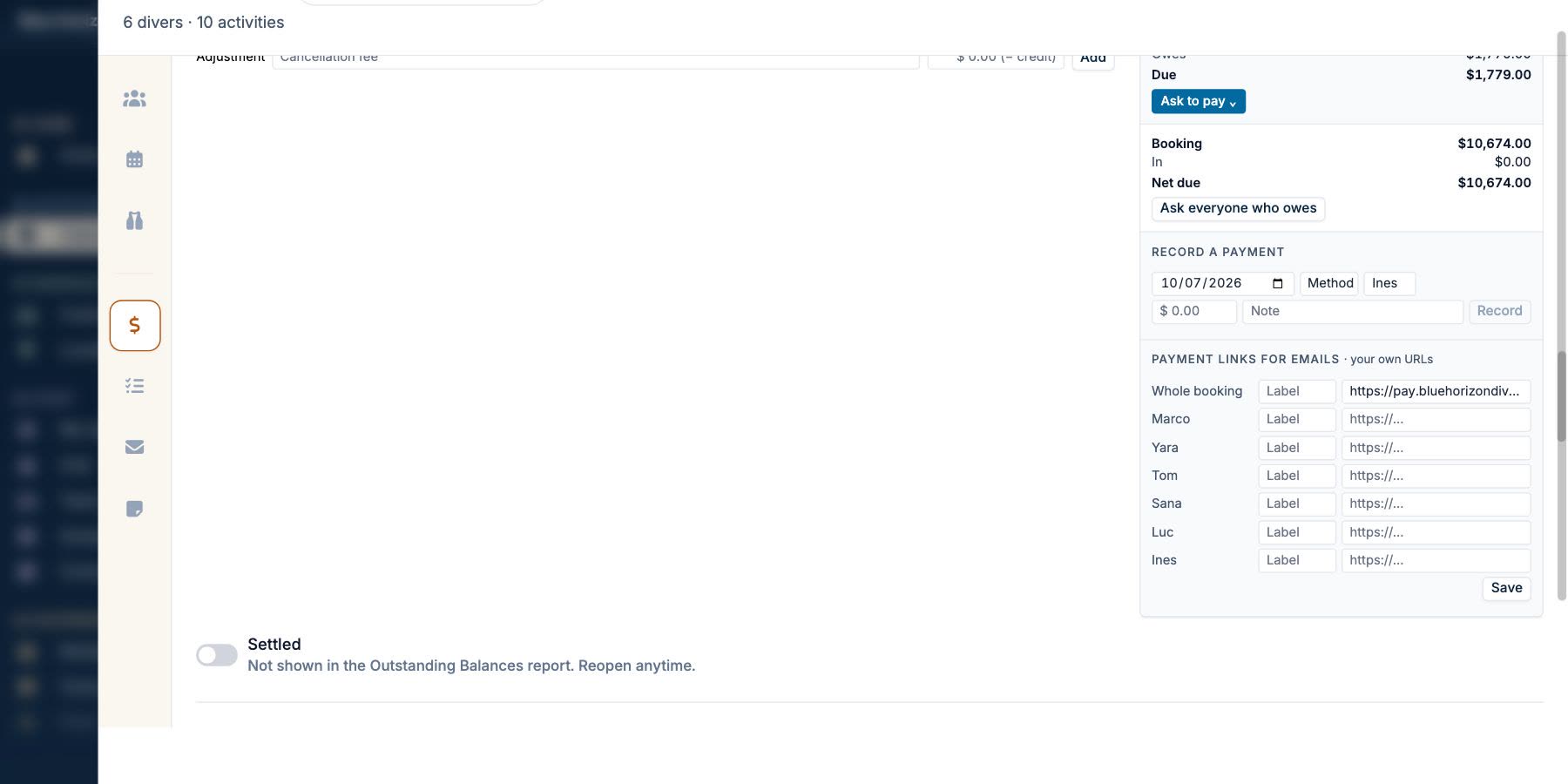 A booking's payment links pane: the shop's own payment URL attached to the whole booking, with a separate slot for each guest, ready for the automated emails to carry.