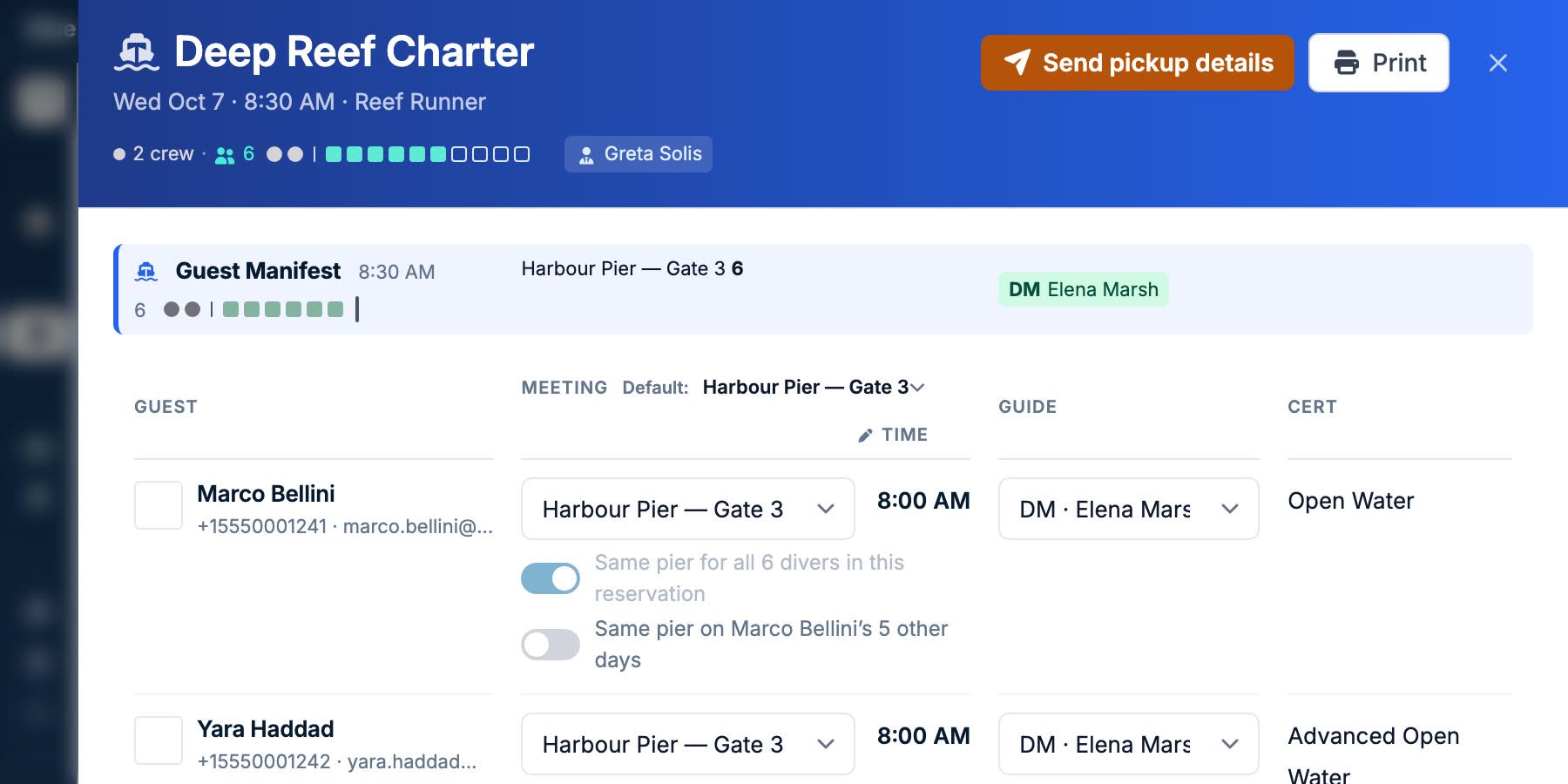 An activity manifest with every guest's meeting point, pickup time, guide and certification level, and a single button to send that day's pickup details.
