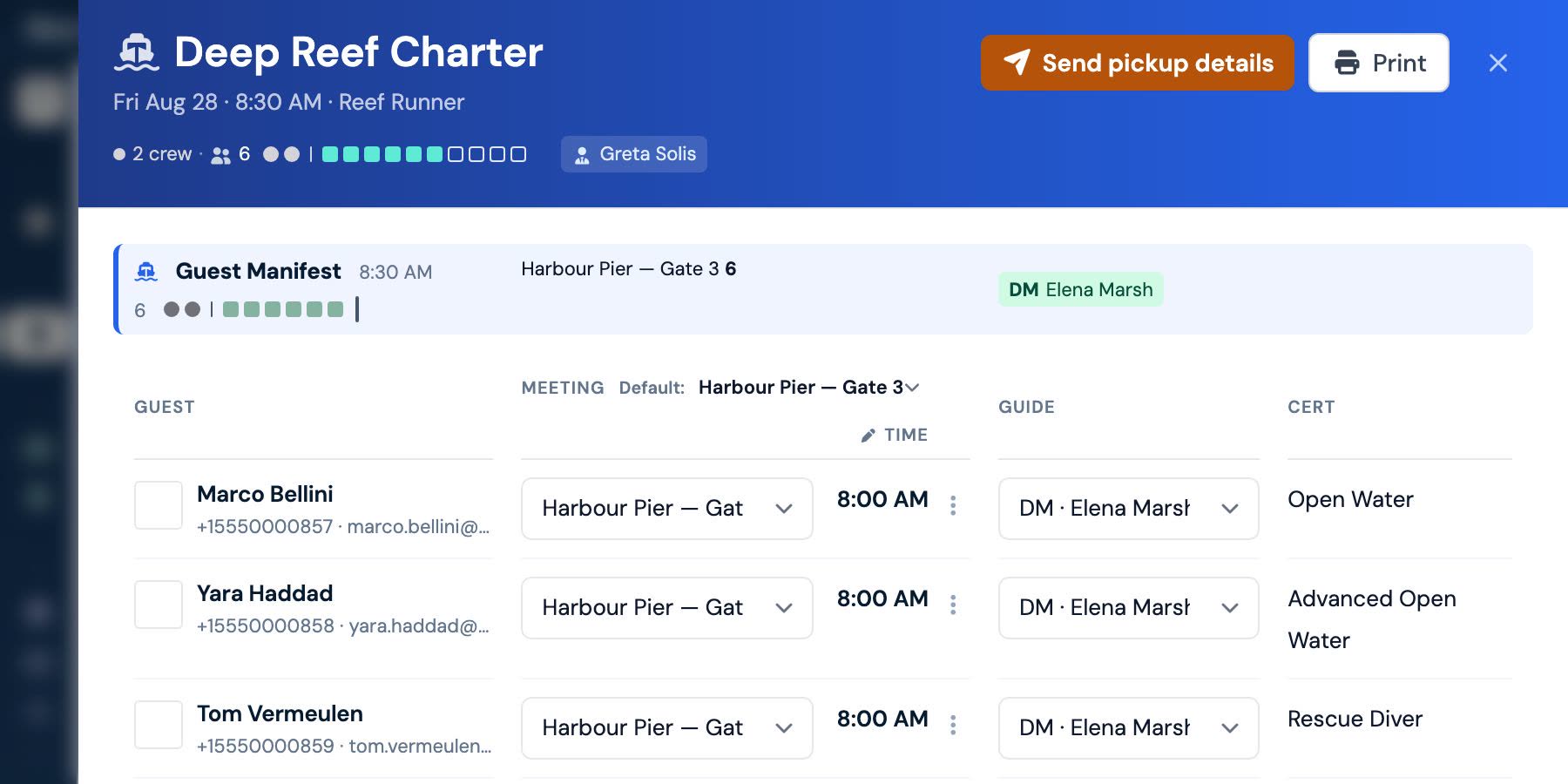An activity manifest with every guest's meeting point, pickup time, guide and certification level, and a single button to send that day's pickup details.