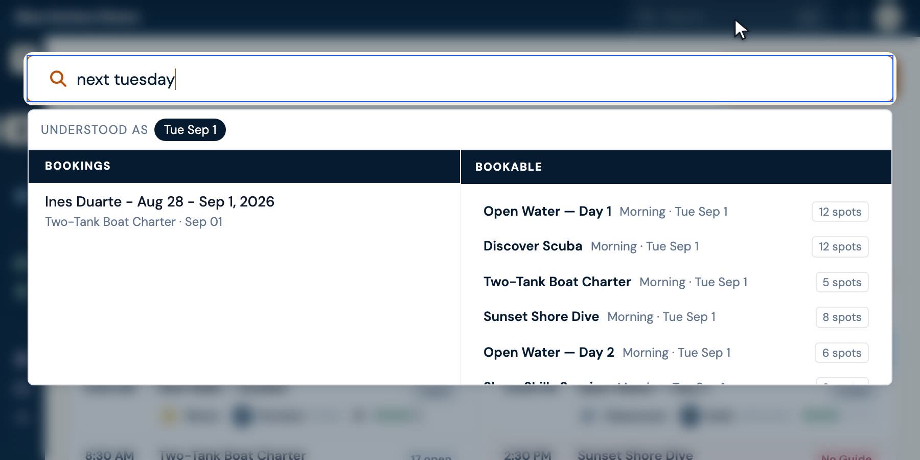 The search palette reading a typed date as a question about that day: what it understood the date to be, who is already booked, and every activity still bookable with its remaining spots.