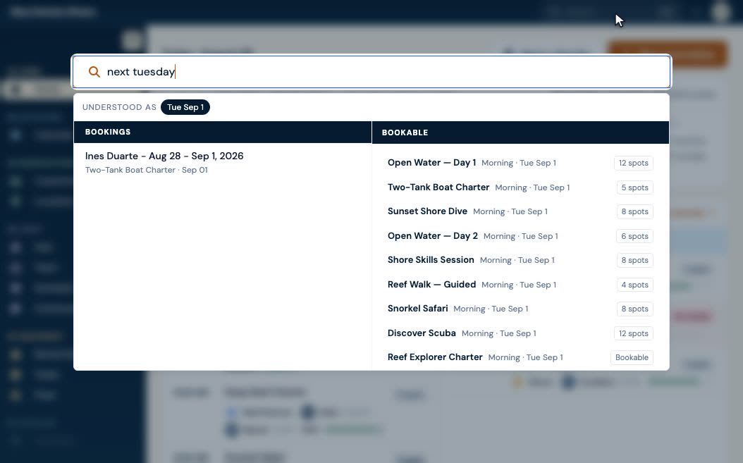 The search palette reading a typed date as a question about that day: what it understood the date to be, who is already booked, and every activity still bookable with its remaining spots.