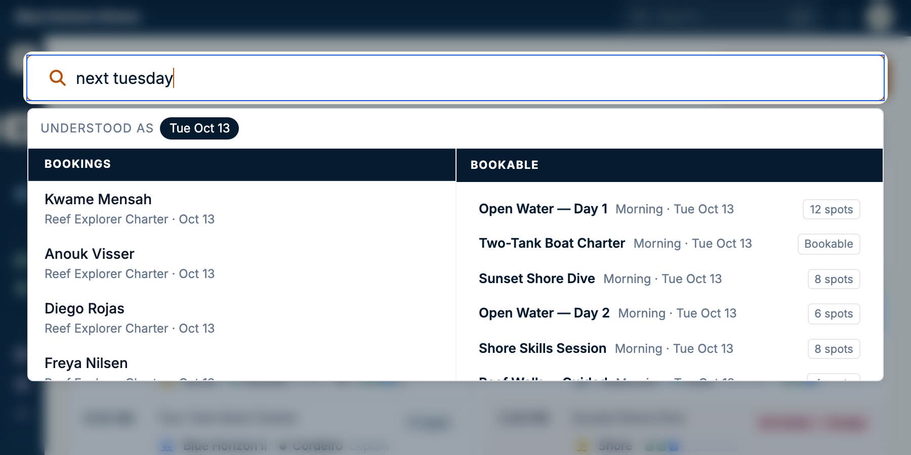 The search palette reading a typed date as a question about that day: what it understood the date to be, who is already booked, and every activity still bookable with its remaining spots.