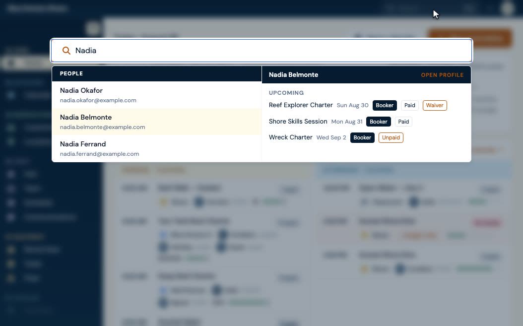 A diver picked out of the search results, their upcoming activities previewed beside the list with each one's payment and waiver state.