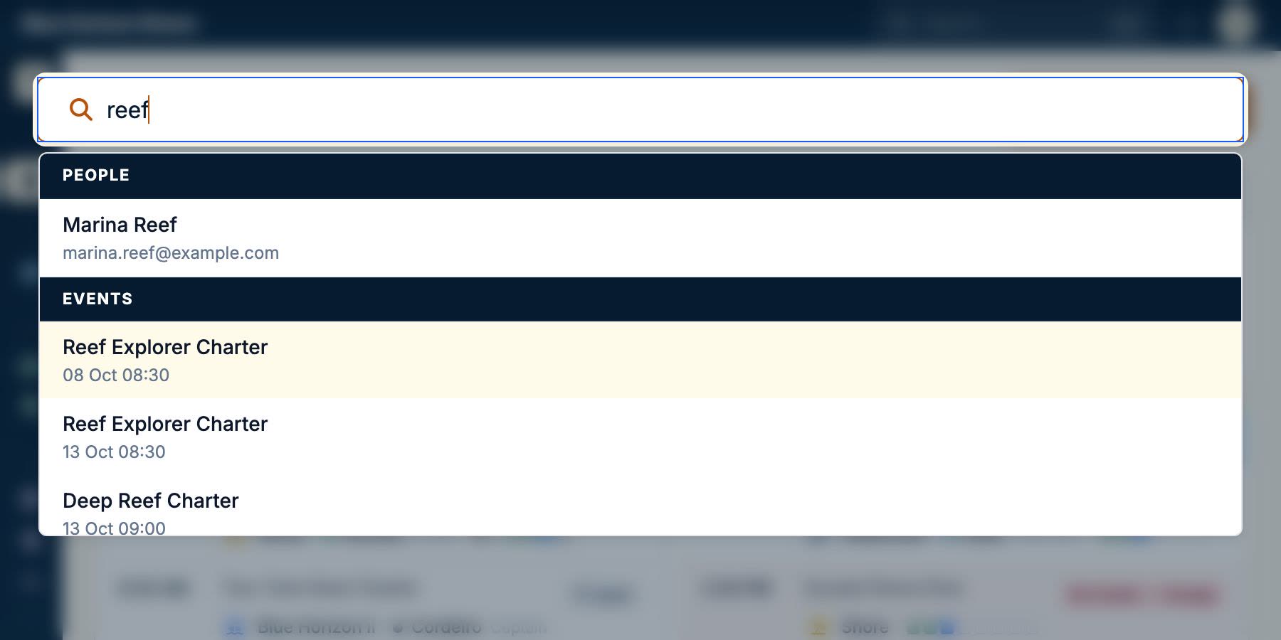 A command palette open over the app, one typed word matching both a person and five of the shop's charters, grouped by what each result is.