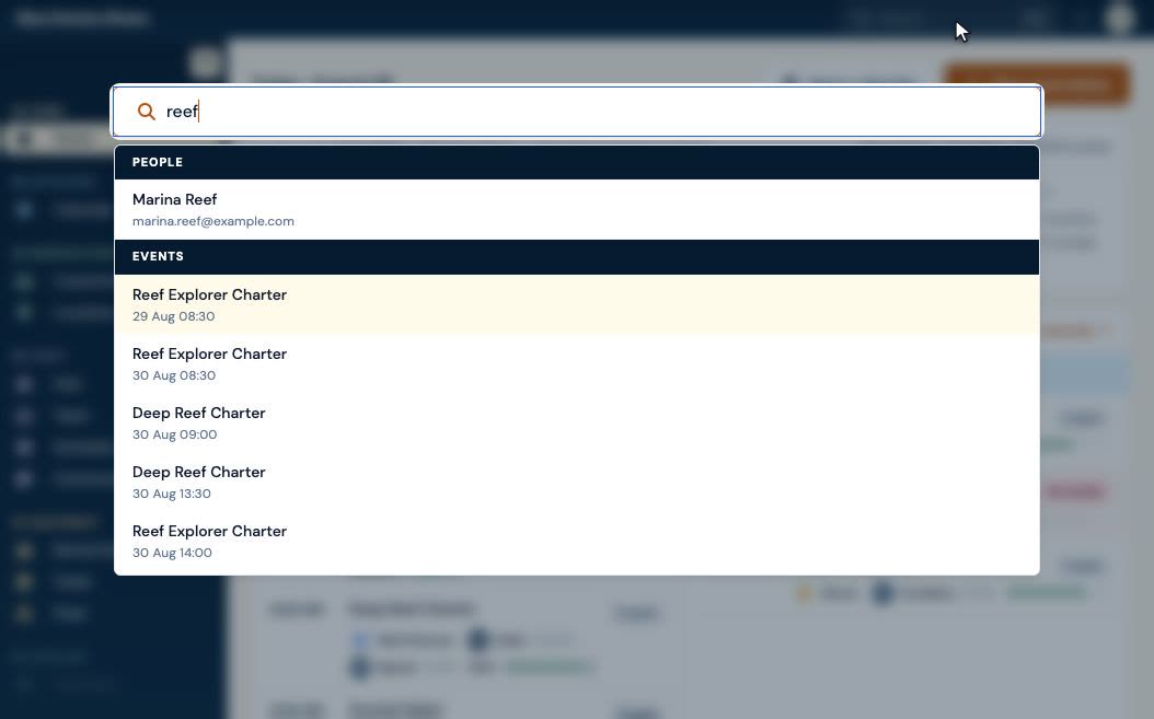 A command palette open over the app, one typed word matching both a person and five of the shop's charters, grouped by what each result is.