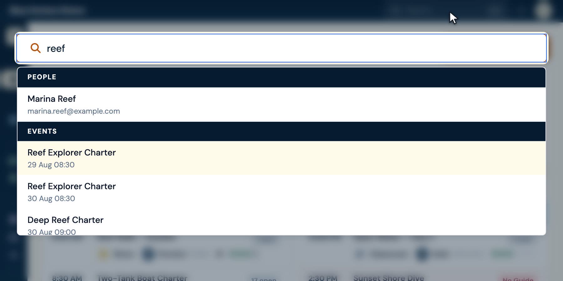 A command palette open over the app, one typed word matching both a person and five of the shop's charters, grouped by what each result is.