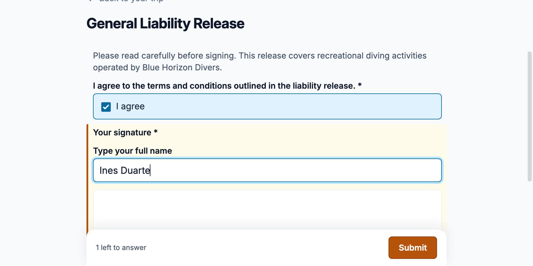 A liability release being signed: the agreement box ticked, the diver's name typed, and a signature drawn on the pad below it.
