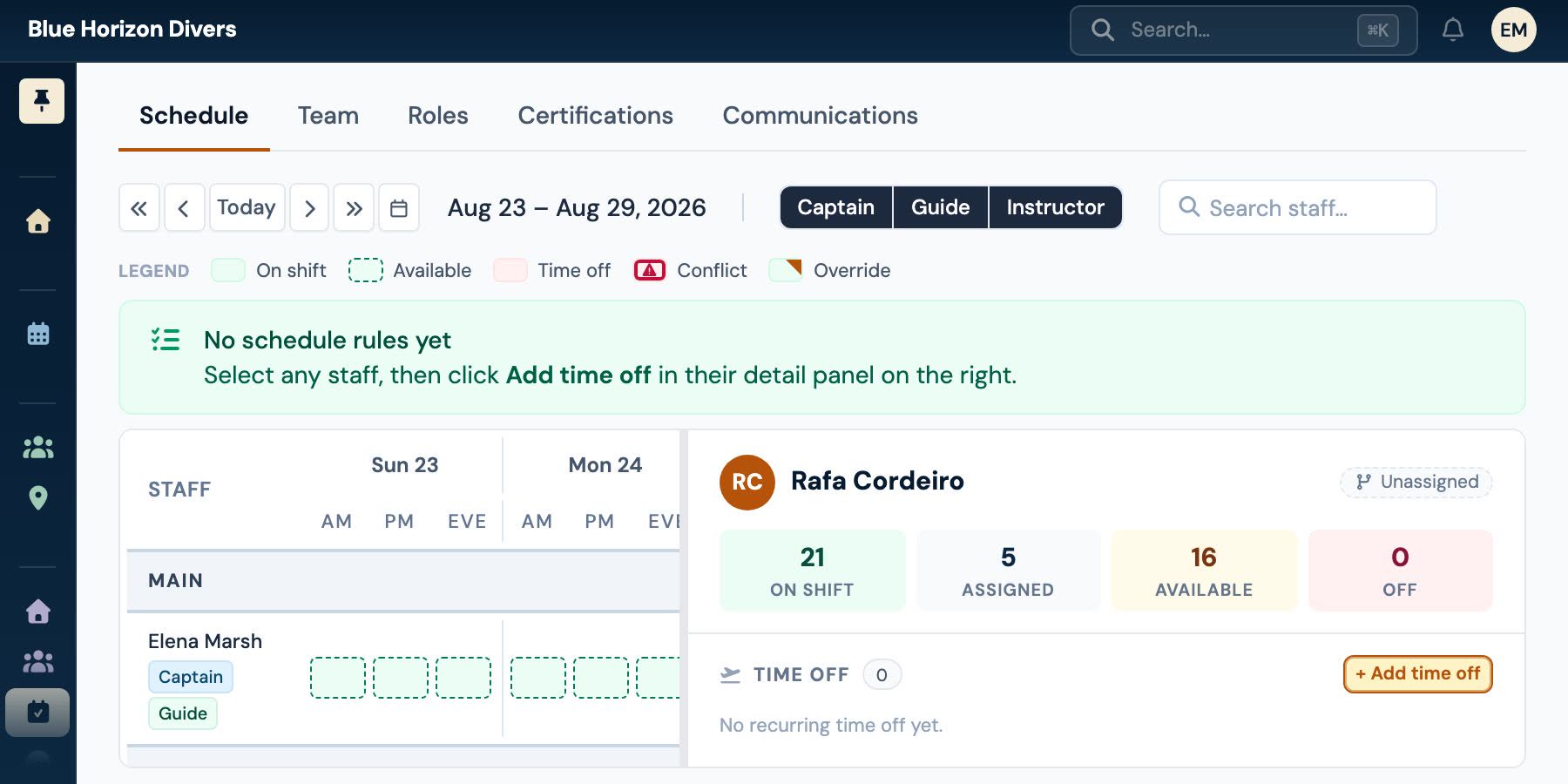 A weekly staff schedule with every crew member down one side and each day split into morning, afternoon and evening, beside a panel counting one staffer's shifts, assignments and free sessions.