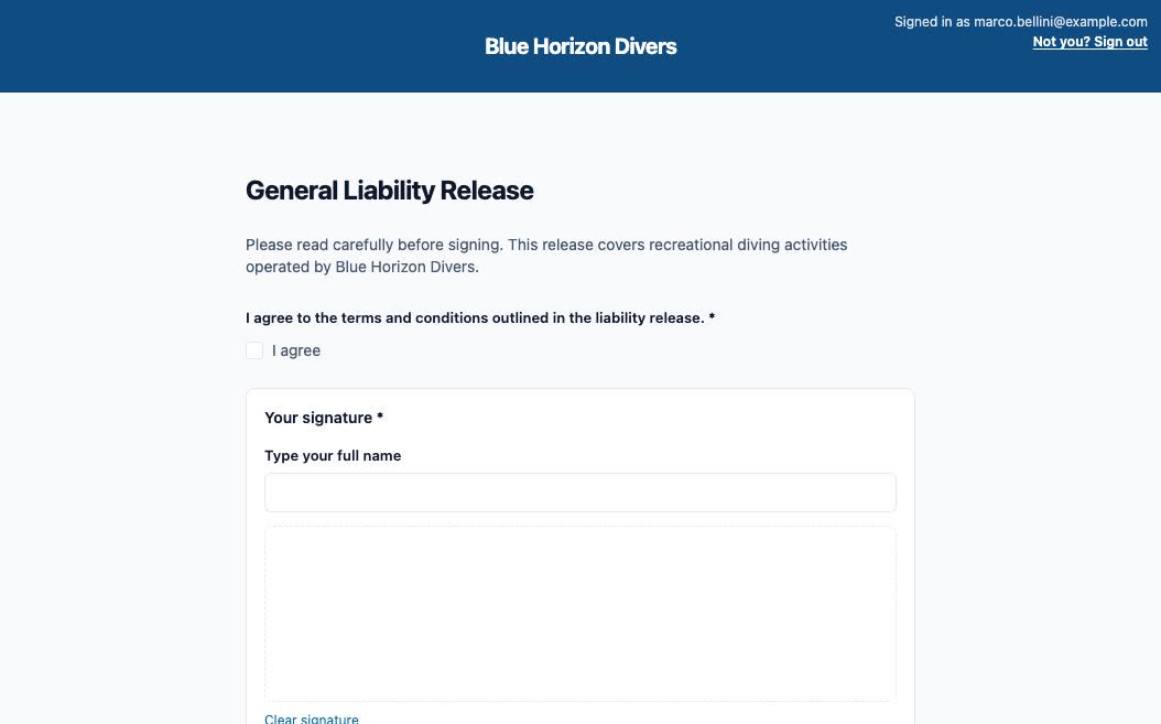 A liability release open for signature, with the shop's own wording and the agreement above the signature field, so what was signed and what it said are one record.