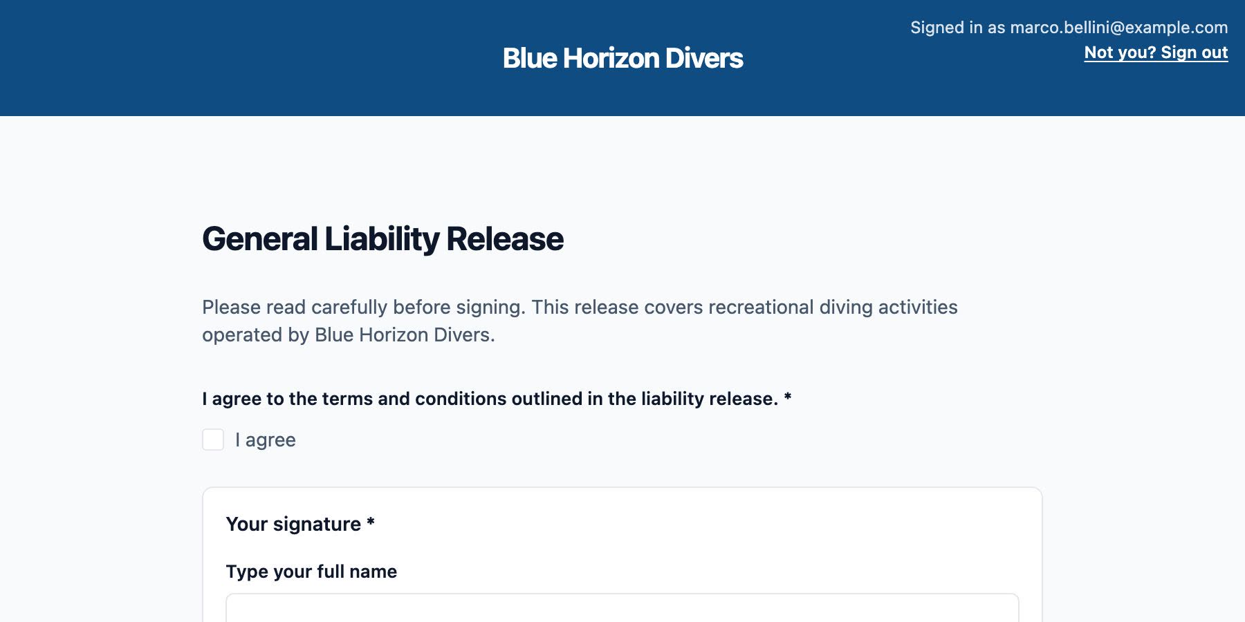 A liability release open for signature, with the shop's own wording and the agreement above the signature field, so what was signed and what it said are one record.